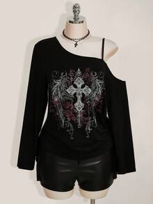 SHEIN ICON Casual Simple Cross Print Plus Size Women's Asymmetrical Shoulder Strap T-Shirt, Vintage Y2K Punk Style Dark Shoulder Top, Casual Outfit For Women, Spring/Autumn/Winter