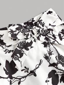 SHEIN 少女黑色毛绒罗纹高领长袖 T 恤和花卉印花短裙休闲两件套 - 黑色 - 查看 4