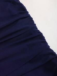 Sweetra Sexy Turtleneck Metal Buckle Ruched Backless Halter Dress - Navy Blue - View 7