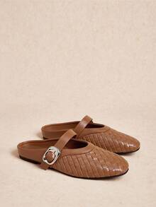 Rosivie Sepatu Selop Datar Wanita, Desain Anyaman Ujung Persegi, Nyaman & Elegan - Coklat - View 5