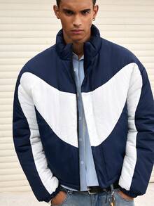SWAVVY Men's Contrast Color Zipper Front Casual Loose Winter Jacket - Blue and White - View 3