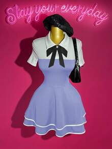 Slaydiva 2025新款初秋夏季休闲街头辣妹风甜美少女风优雅日常约会生日派对POLO领蝴蝶结白黑拼接二合一设计多层蛋糕裙荷叶边A字裙迷你裙针织女士迷你连衣裙-A - 藏蓝色 - 查看 10