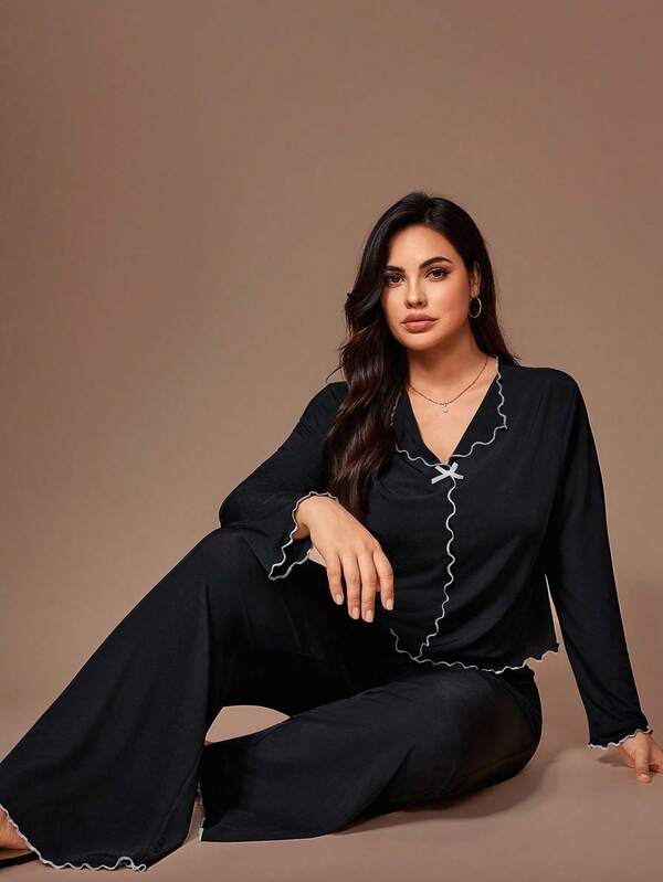 Lazeform Conjunto de pijama ajustado, cómodo y de talla grande con ribete de color contrastante, ropa cálida para otoño e invierno