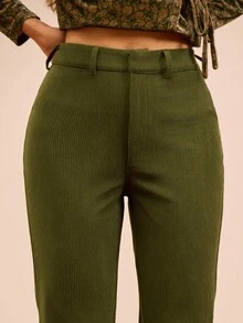 lacRébo Dark Green Cord Highwaisted Flare Trouser Spring Summer Olive Green Pants Pants Flare Leg Green Pants For Women Winter Office Outfits Business Casual Outfits - Green - View 4