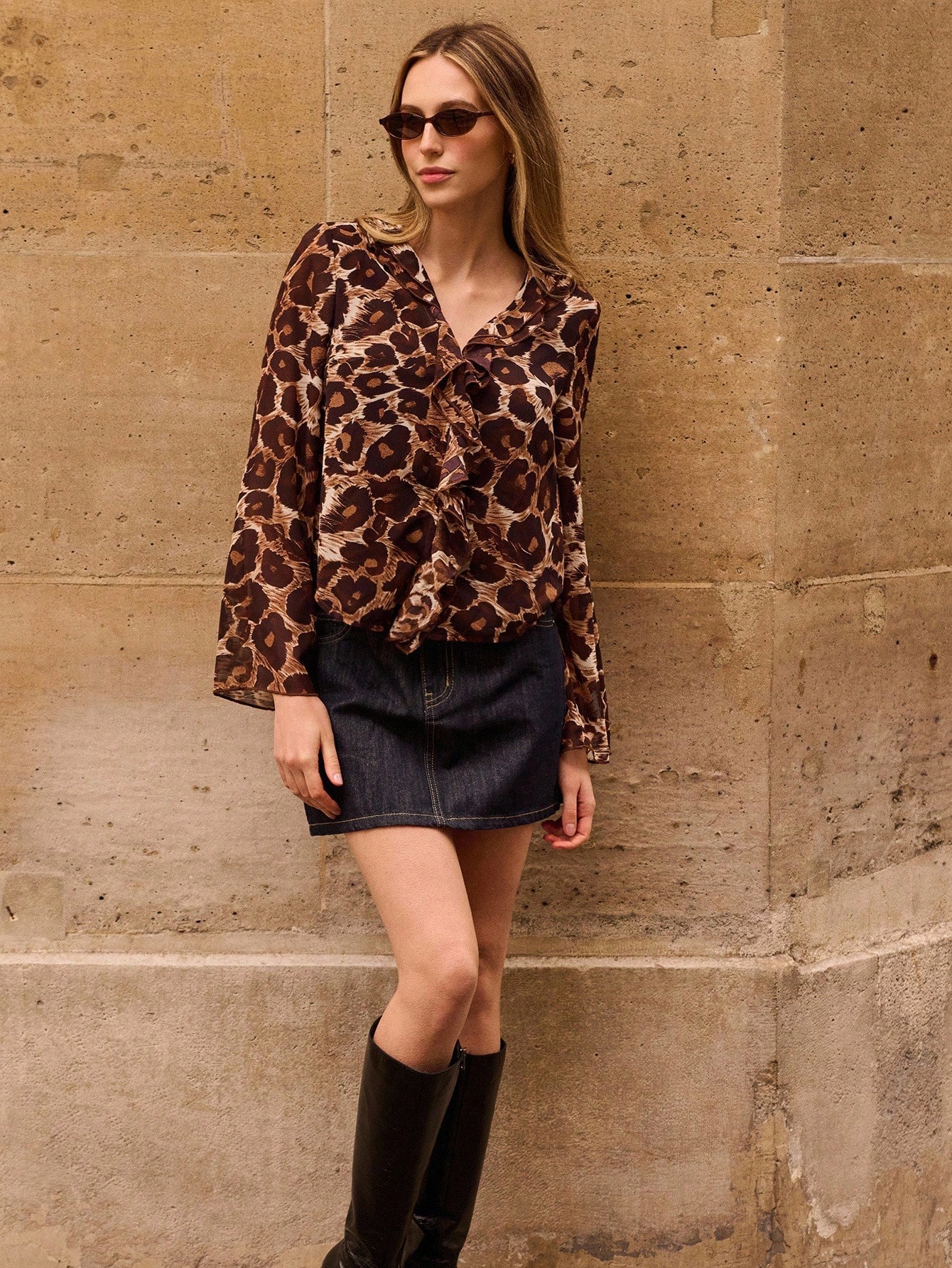 Brown And Black Leopard Print Blouse With Ruffled Neckline And Long Sleeves Office Spring Business Casual Top Party Top Night Out Top Going Out Top