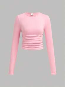 SHEIN Girlism Set de 3 camisetas de manga larga con cuello redondo y fruncido de unicolor para adolescentes - Multicolor - Ver 9