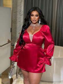 SHEIN LUNE Vestido Elegante, Sexy e Versátil de Manga Longa com Decote em V, Plus Size, Estilo Romântico - Vinho - Visão 7