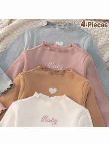 Loomiva 4件套女婴字母图案针织柔软圆领长袖套装