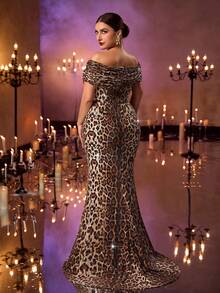 Glamrae Váy dạ hội đuôi cá hở vai họa tiết da báo sang trọng lãng mạn cỡ lớn - màu nâu - Xem 4