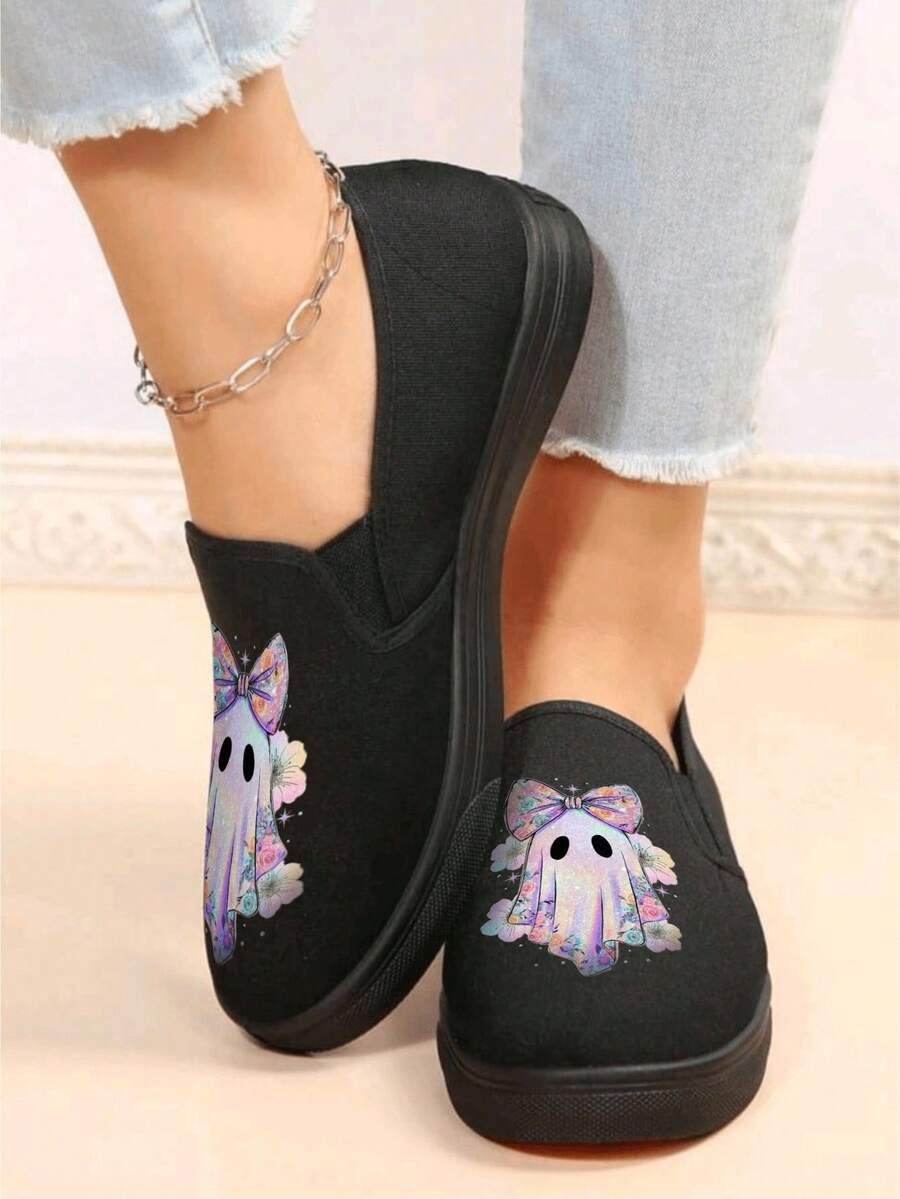 BABY GOMEZ FOOTWEAR Tenis blancos y negros con diseño de fantasma pastel y flores, estilo alternativo, divertido y cómodo - Negro - Ver 1