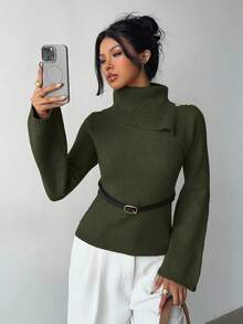 Elenzga Khaki Elegant Flared Sleeve Niche Design Collar, Paired With Brown Metal Fashionable Belt, Women Sweater For Autumn/Winter - Army Green - View 6