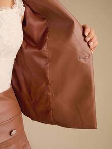 Enchnt Fall/Winter Romantic Women's Brown Lapel Neck Long Sleeve Double-Breasted Fashion PU Leather Jacket,Chic&Elegant For Date&Daily Commuting&Office&Going Out,Autumn Jacket For Women,Fall Clothes For Women,Autumn Outfits For Women