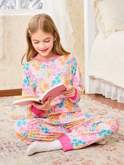 2pcs/Set Girls Colorful Floral Print Crew Neck Long Sleeve T-Shirt + Pants Pajama Set, Autumn/Winter Girls Casual Loungewear Or Sleepwear Girls Pajamas Girls Sleepwear