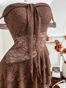 Flirla Retro Elegant Sexy Ruffled Layered Low-Cut Slim Fit Spaghetti Strap Asymmetrical Dress, Versatile For Early Autumn - Brown - View 4