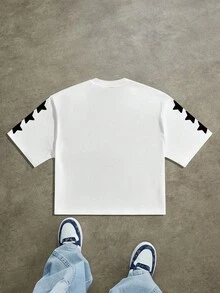 Manfinity Roghcode Kaos Lengan Pendek Pria Avant-Garde dengan Leher Bulat Bermotif Huruf dan Kain Rajut untuk Tampilan Streetwear Hip-Hop - MultiWarna - View 2