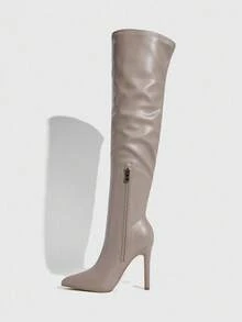 Daringsoles 女士弹力靴、细靴、尖头细高跟性感派对靴、过膝靴、PU 皮革棕色靴子、秋冬靴 - 灰色 - 查看 12