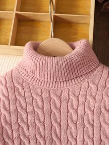 SHEIN 青少年女孩休闲纯色针织立领长袖毛衣裙 - 粉色 - 查看 4