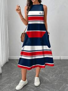 SHEIN LUNE Women's Casual Colorblock Printed Mid-Length Dress, Suitable For Spring/Summer Chic Dress