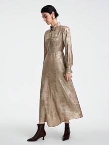 SHEIN Stylify 女士优雅高端正式办公室通勤休闲曲线商务休闲装节日下午茶日常聚会宾客连衣裙，金属面料衬衫领前开腰 A 字开衩设计长袖袖口系带长裙 - 金色 - 查看 5