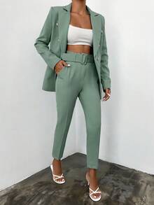EURMUSE Women's Fashion Double-Breasted Regular Shoulder Long Sleeve Lapel Collar Suit Set - Mint Green - View 4