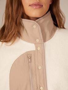 GLOWMODE Cozy Medium Polar Fleece Soft Warm Loose Adjustable Drawstring Hem Two-Tone Jacket Sweatshirt With Side Pockets Daily Casual Fall Winter - Beige - View 9