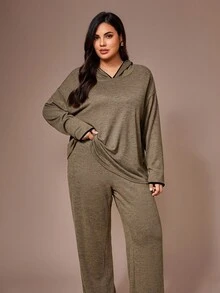 Lazeform 柔软针织花卉网纱撞色连帽上衣和裤子套装，大码家居服，舒适保暖，秋冬服装 - 咖啡棕 - 查看 4