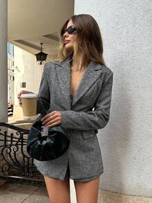 SHEIN BAE 女士时尚通勤亮片装饰西装外套 - 灰色 - 查看 5