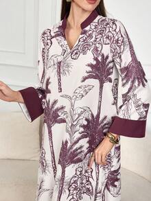 Al Najma 女士优雅印花长袖土耳其束腰外衣 - 紫色 - 查看 6