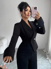 Chiquease Women's Elegant Black Tweed Overcoat,Autumn Office Formal Evening Lapel Long Sleeves Metal Button Waist Folded Sleeves Commuting Professional Attire - Black - View 4