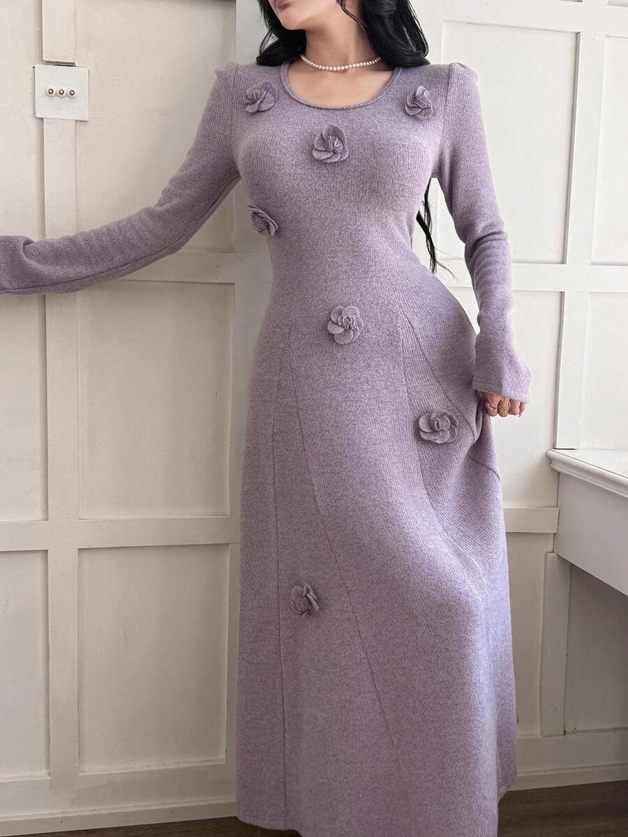 Feyla 女士优雅纯色 3D 花卉装饰长裙，秋冬 - 紫色 - 查看 1