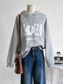 Teen Girls Casual Loose Fit Blue & White Floral & Letter Print Sweatshirt Fall Winter - Grey - View 5