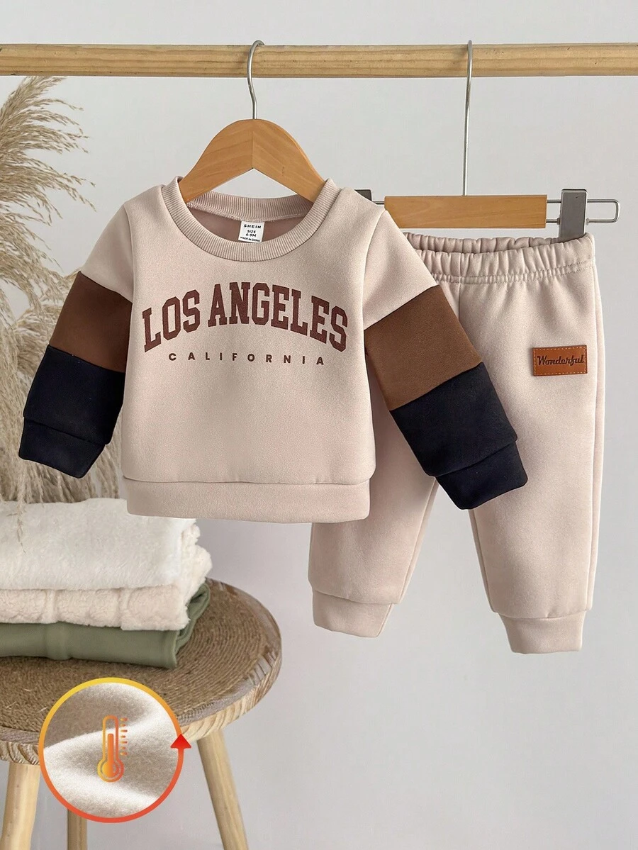 SHEIN Boys' Casual Color Block Letter Print Sweatshirt Set, Beige Brown Black Contrast Long Sleeve Top + Jogger Pants, Autumn/Winter