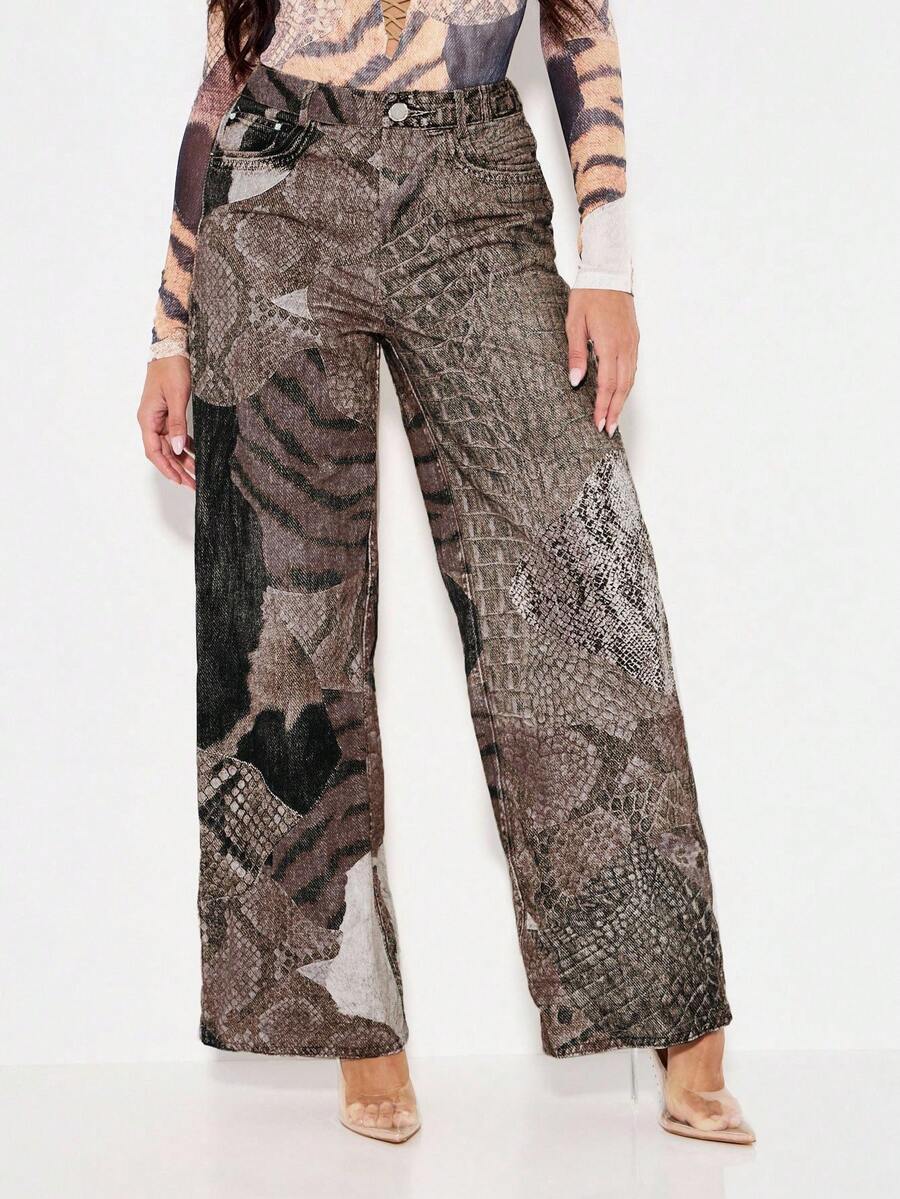 KIZN Wide Leg Patchwork Denim Jeans High Rise Mixed Print Snake Textured Fall Winter Statement Pants Party Club Wear Festival Fashion - Chocolate Brown - View 1
