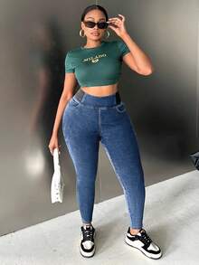 SHEIN EZwear Plus Size High Waist Stretchy Black Skinny Fit Jean Hollowed Costumes Christmas Women Clothes - Light Wash - View 3