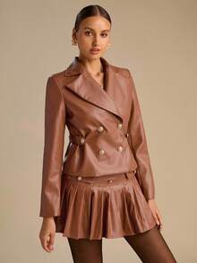 Enchnt Fall/Winter Romantic Women's Brown Lapel Neck Long Sleeve Double-Breasted Fashion PU Leather Jacket,Chic&Elegant For Date&Daily Commuting&Office&Going Out,Autumn Jacket For Women,Fall Clothes For Women,Autumn Outfits For Women