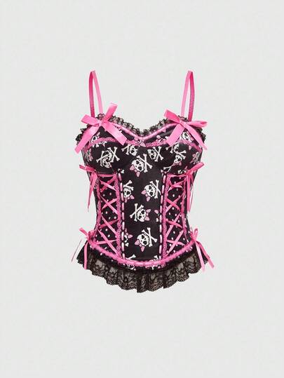 Kawaii Y2K Sexy Cropped Lace Patchwork Bow Polka Dot & Skull Print Camisole Top