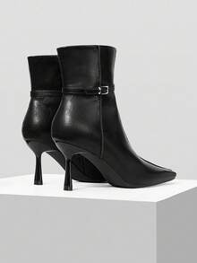 Mnmlis 欧美风格女士方头高跟踝靴，百搭细跟短靴，2025年秋冬新品 - 黑色 - 查看 4