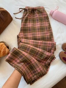 SHEIN EZwear 女式休闲格子抽绳腰长裤，秋冬 - 彩色 - 查看 1