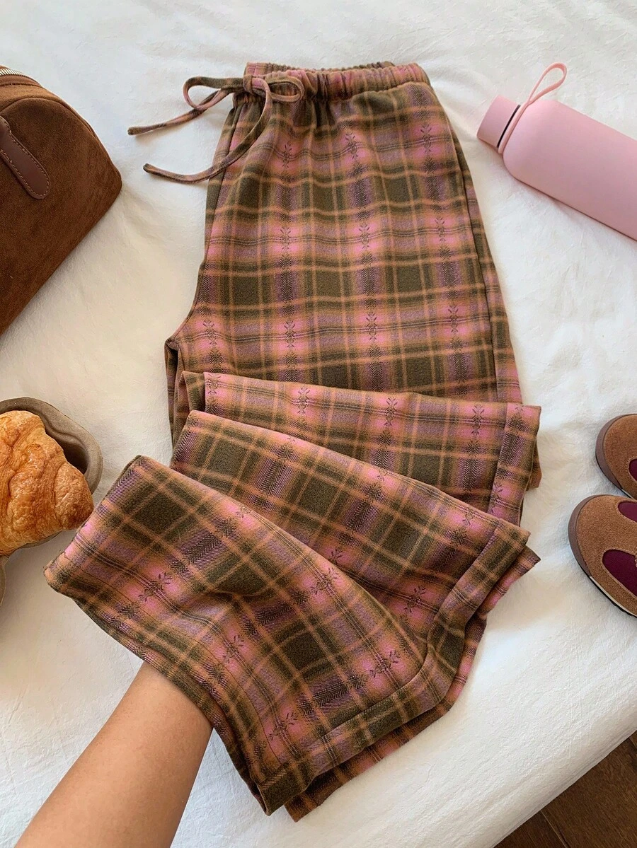 SHEIN EZwear 女式休闲格子抽绳腰长裤，秋冬 - 彩色 - 查看 1