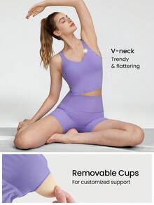 GLOWMODE FeatherFit™ U-Back Crop Active Tank & Quần short dành cho người đi xe đạp kiểm soát bụng 4,3" Bộ Yoga tác động thấp hàng ngày - Màu tím - Xem 3