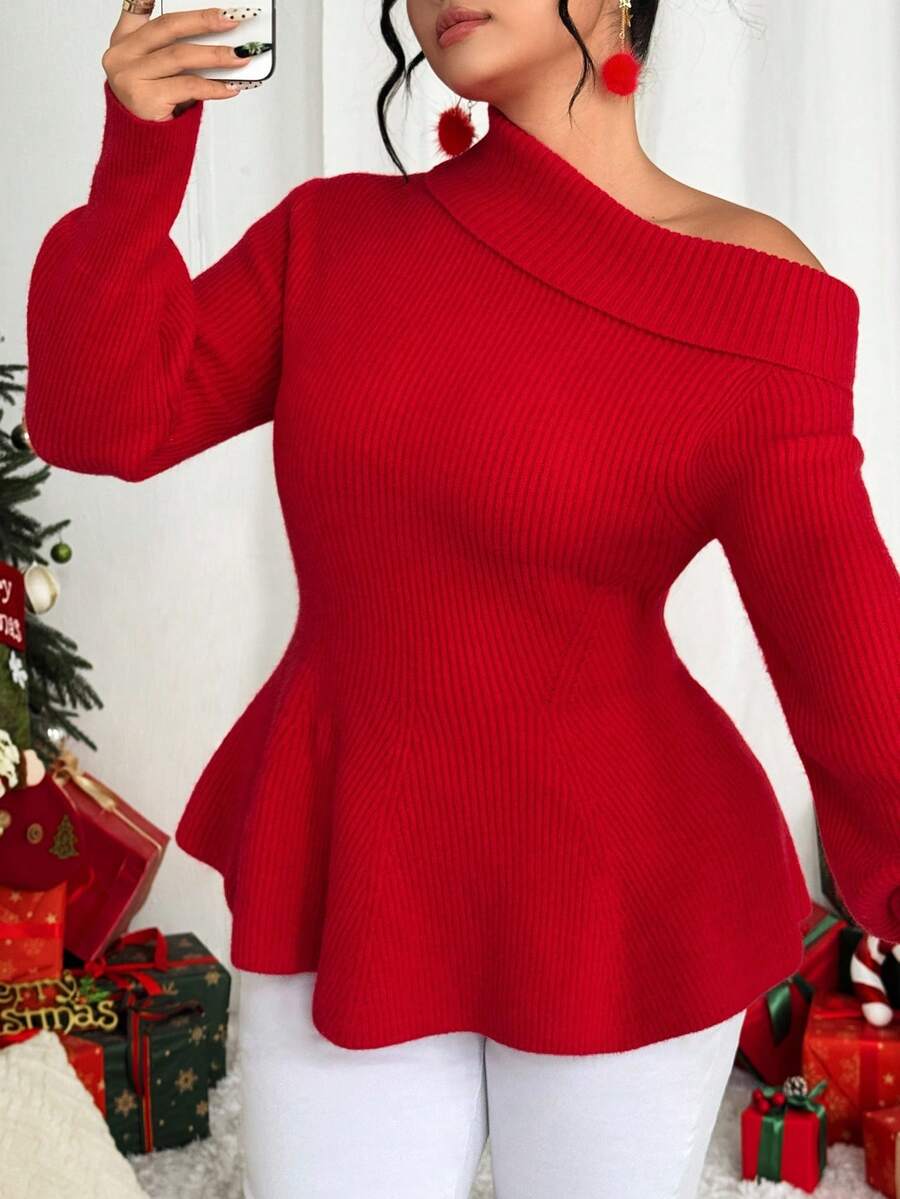 Elenzga Plus Size Asymmetric Collar Cinched Waist Christmas Red Sweater - Grey - View 1