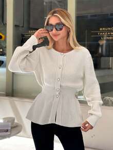 EURMUSE Women Solid Color Front Button Round Neck Cardigan - Beige - View 5