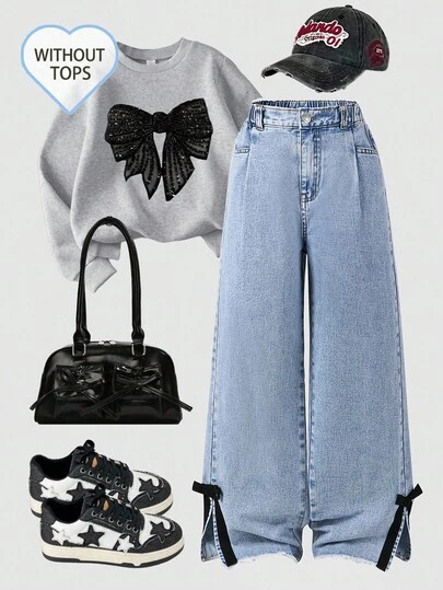 SHEIN Explorewe Tween 女童连体牛仔阔腿裤，街头时尚休闲学院风推荐，喇叭裤脚设计，磨边裤脚，黑色蝴蝶结点缀俏皮活泼，宽松舒适版型，松紧腰带穿着舒适，拉链开合方便穿脱，适合日常穿着、外出、约会、学院风穿搭、周末休闲，街拍必备时尚牛仔单品，全年百搭阔腿牛仔裤