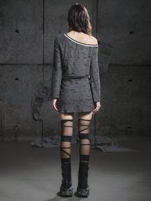 Bloopia Retro American Sporty Casual Street Style Women's Asymmetrical Asymmetric Shoulder Punk Distressed Texture Loose Long Sleeve Pullover Mini Dress, Suitable For Autumn/Winter And Halloween - Grey - View 2