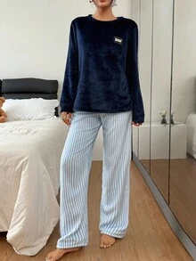 SHEIN 舒适双面法兰绒条纹圆领女式睡衣套装，秋冬装 - 藍色 - 查看 6