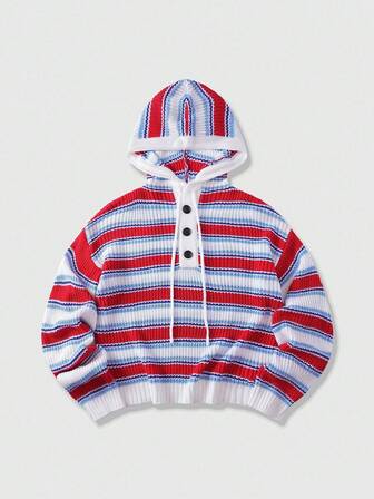 Street Life Men's Contrast Striped Pattern Drop Shoulder Loose Drawstring Hooded Half-Button Cardigan Sweater, Autumn/Winter