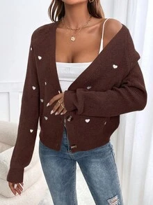 SHEIN Frenchy Áo khoác cardigan dài tay in hình trái tim thường ngày dành cho nữ mùa thu đông - Cà phê nâu - Xem 6