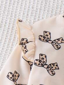 2pcs Baby Girls Knitted Ruffle Trim Long Sleeve Leopard Print Bow Sweatshirt & Leopard Print Long Sleeve Outfit, Fashionable Casual Children Everyday Wear - Apricot - View 3