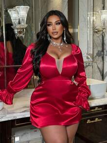 SHEIN LUNE Vestido Elegante, Sexy e Versátil de Manga Longa com Decote em V, Plus Size, Estilo Romântico - Vinho - Visão 5