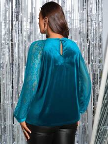 SHEIN Clasi Plus Size Women Elegant Commuter Solid Color Lace Patchwork Top - Royal Blue - View 2